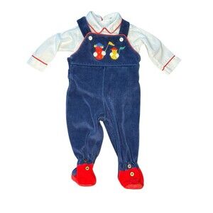 Vintage Romper 6-9 Months Overalls Blue White Shirt Circus Clowns 2 Piece